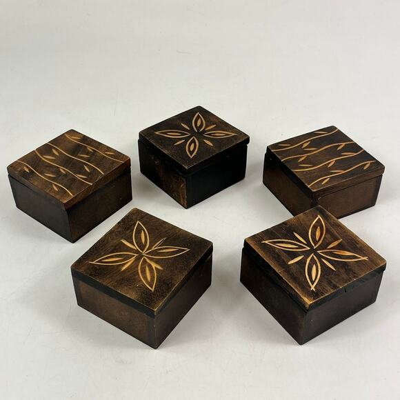 Safari Trinket Boxes Lot of 5 Vtg Hand Carved Wood Floral Vine Tribal Decor Leaf - Picture 3 of 11